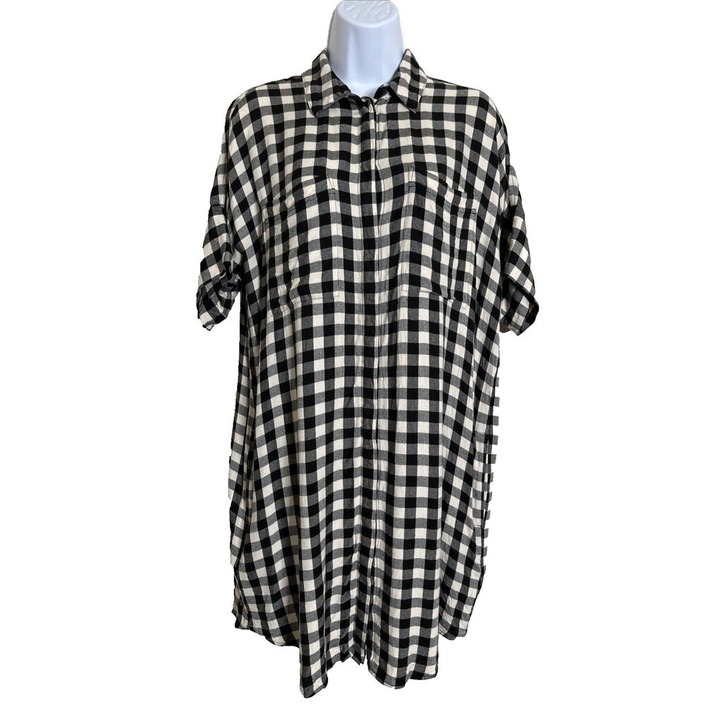 Madewell Gingham Black White Viscose Pockets Button Up Shirt Dress SZ M